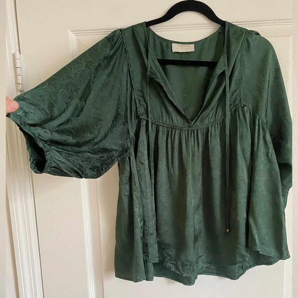 Auguste The Label Silk Green Jacquard Boho Peasant Blouse - AU 10/US M - Picture 7 of 7